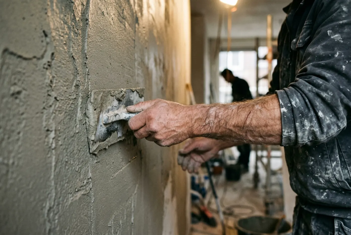 Vakman van De Vliegende Hamer werkt stucwerk glad af met een stalen spaan